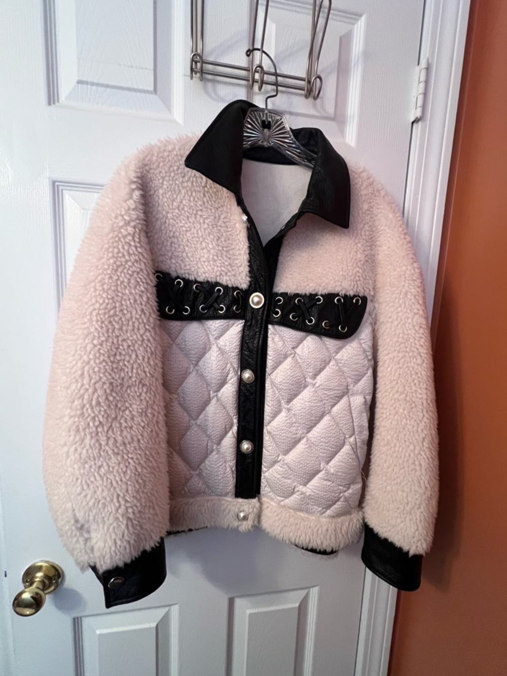 Women's white Faux-Sherpa Quilted Jacket with Black Trim
